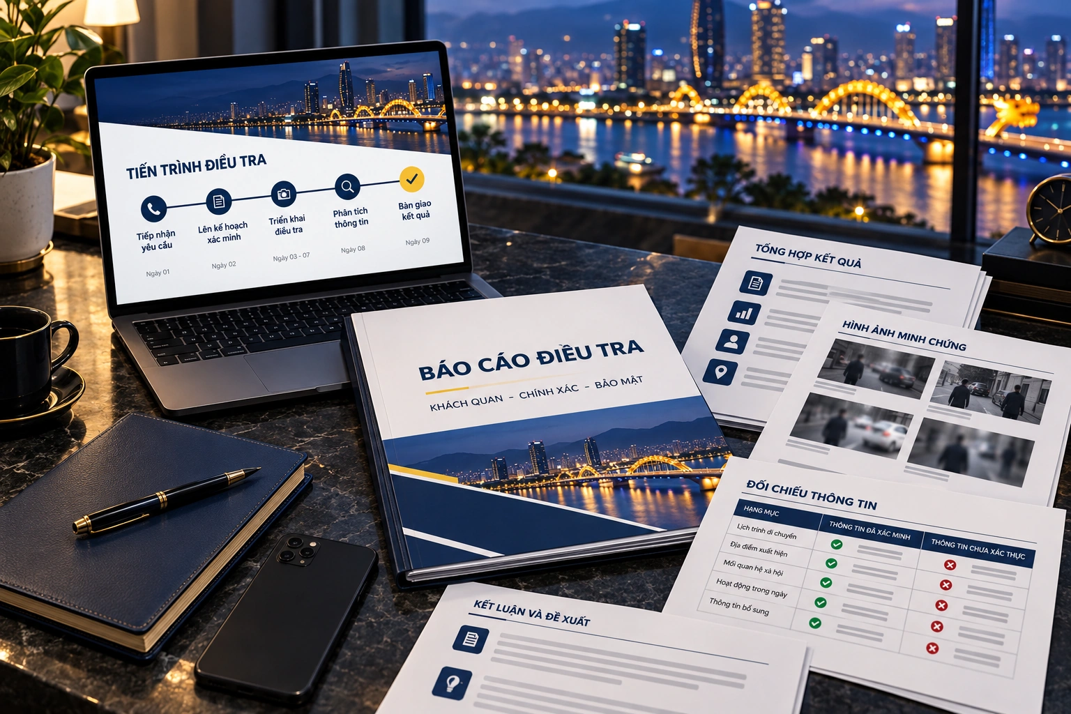 Minh họa báo cáo xác minh gồm timeline và bảng đối chiếu dữ kiện